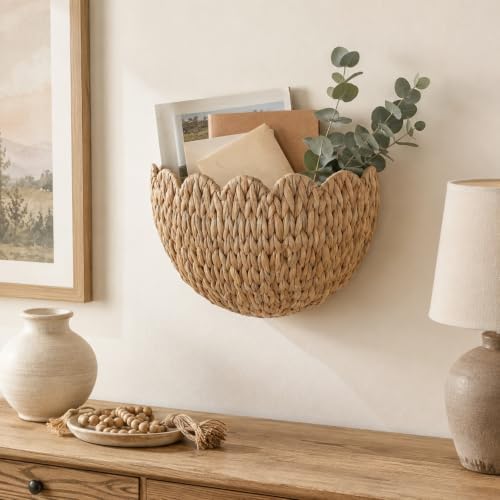 Scalloped Hanging Wicker Baskets for Wall, Scalloped Home Decor, Hanging Woven Rattan Basket for Flowers Front Door Bathroom Storage (Water Hyacinth-Set of 2) - Image 2
