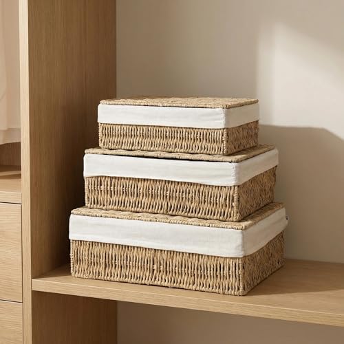Large Storage Baskets with Lid Set of 3, Woven Bins with Liner - Image 2