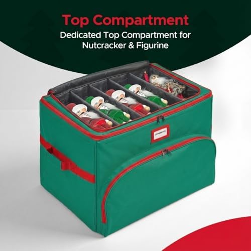Christmas Nutcracker and Figurine Collectible Storage Box - Holds Up to 72 Ornaments 4” x 4” - Top Adjustable Compartments for Figurines, Nutcrackers, etc - Heavy Duty 600D/ Inside PVC Material, Green - Image 7