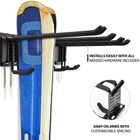 RaxGo Ski Wall Rack, Holds 4 Pairs of Skis & Skiing Poles or Snowboard for Home and Garage Storage, Wall Mounted, Heavy Duty and Adjustable Rubber-Coated Hooks - Image 3