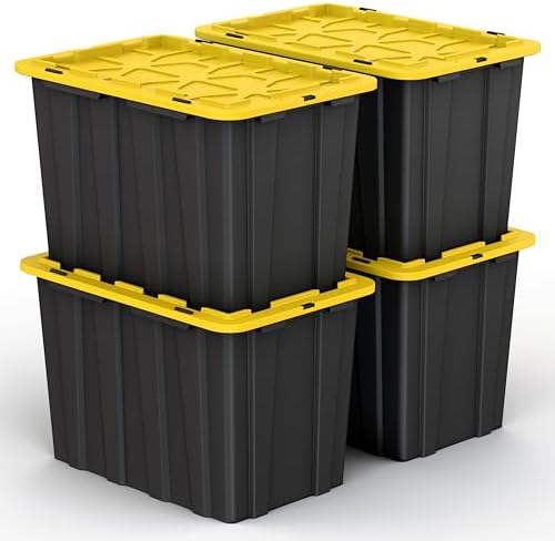 Our Modern Space 4 PACK of X-Large 23 Gallon Plastic Storage Bin Tote Organizing Container with Secure Latching Lids, Stackable, Extra Strength with Built in Handle - Black & Yellow by Lifetime