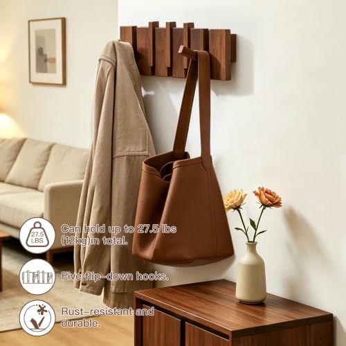 Coat Rack Wall Mount, Walnut 5 Flip-Down Picket Hanger Hooks for Entryway - Image 3