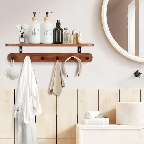 Coat Rack Wall Mount with Shelf, 22" Walnut Wood Wall Shelf with Hooks, Entryway Floating Coat Rack with 6 Metal Hangers for Coats, Backpacks, Living Room, Bedroom, Bathroom (Brown-22'' L) - Image 7