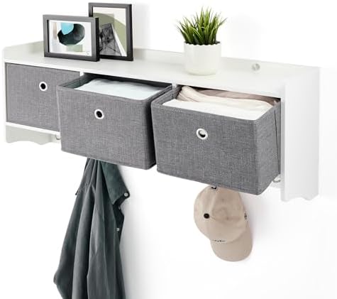 Mondeer Wooden Coat Rack Shelf Wall Mounted with 3 Baskets 5 Hooks White - Image 4