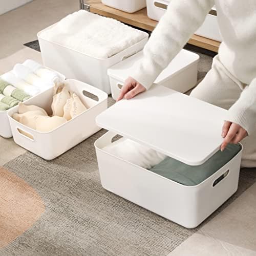 Yishyfier Plastic Storage Baskets Bins Boxes With Lids,Organizing Container White Storage Organizer Bins For Shelves Drawers Desktop Playroom Classroom Office,3-Pack(M+2S) - Image 3
