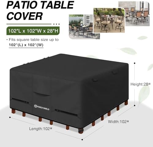 Porch Shield Waterproof Square Patio Table Cover 102 x 102 inch, Black - Image 2