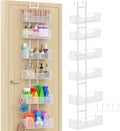 Hongtamoya Over The Door Organizer, Metal Hanging Door Organizer with 6 Adjustable Baskets and 5 Hooks, Behind The Door Storage for Closet Cabinet Kitchen Bathroom Bedroom Pantry Door Organizer, White by Hongtamoya