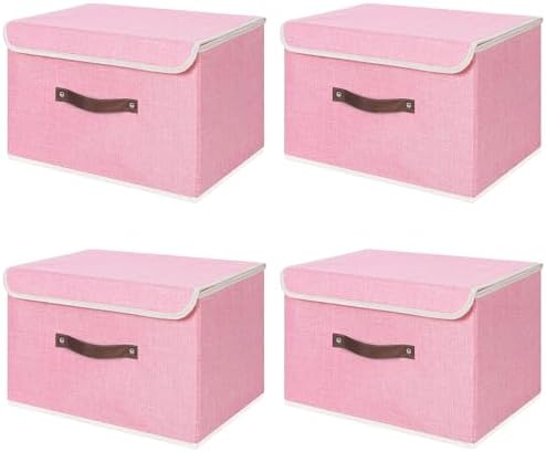 ANMINY Fabric Storage Box Bins with Lids, Pink, 13"x9"x7.9", 4 Pack by ANMINY