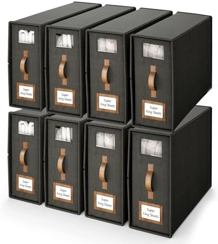 8 Pack Foldable Bed Sheets Set Organizers and Storage(Cal King Size),Linen Fabric Closet Organizers with Window,Folding Bedding Storage Box for Bedsheets and Pillow Cube Organizer-Black by BigPonPon