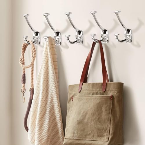 Large Wall Double-Sided Hook 10 Pack Polished Nickel Hook Decorative Heavy Duty Solid Large Coat Hooks for Towel Hanging Coats Robe Triple Coat Hook Three Prong Hook - Image 5