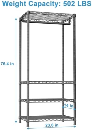 Ulif H4 Mini Portable Closet, 4 Tiers Freestanding Clothing Garment Rack for Small Space, Metal Clothes Wardrobe System for Bedroom, 23.6" W x 14" D x 76.4" H, Load 502 lbs, Black - Image 5