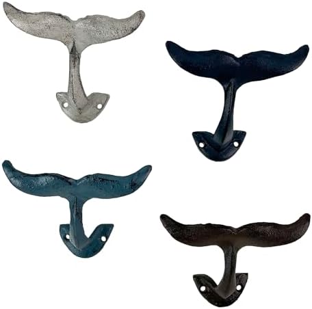 Zeckos Set of 4 Whale Tail Wall Hooks, Colorful Distressed Cast Iron - Image 2