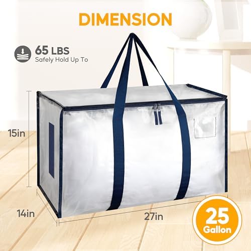 HealSmart 12 Pack Large Moving Bags with Zippers & Handles, Moving Supplies with lids, Heavy Duty Totes for Space Saving, Fold Flat, Moving and Storing, Clear - Image 5