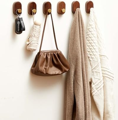 Wood Coat Hooks Wall Mount - Modern Walnut Coat Hook with Brass Accent for Hanging Clothes,Keys,Purse,Robes,Towel,Backpacks, Single Brass Wall Hooks Heavy Duty for Entryway, Closet, Bathroom (6 Pack) - Image 3