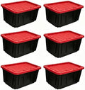 6-Pack 27 Gallon Heavy Duty Storage Bins Durable Polypropylene Plastic with Snap Lock Lids Stackable Large Capacity Organizers Garage Basement Multi-Purpose Storage Containers Black and Red by Unknown