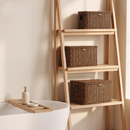 Nonam Wicker Storage Basket With lid, Large Stackable Plastic Bin, Brown - Image 6