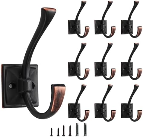 10 Pack Decorative Heavy Duty Towel Hooks for Hanging Robe Double Oil Rubbed Bronze Coat Hooks Wall Mounted with Screws for Key, Towel, Bags, Cup, Hat by CABDM