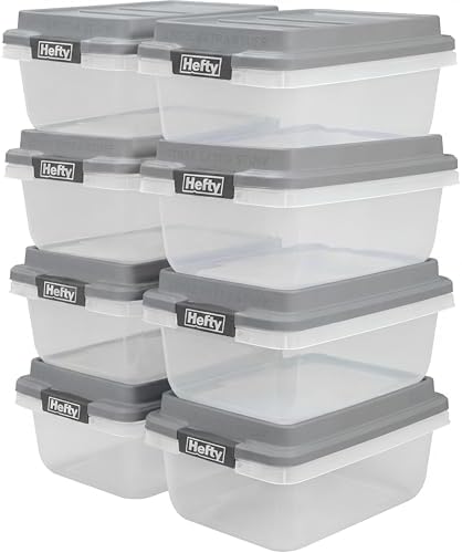 Hefty 18 Qt Hi-Rise Storage Bin with Lid, Stackable Plastic Storage Container, Organizer for Home, Garage & Closet, 8 Pack, Gray by Hefty