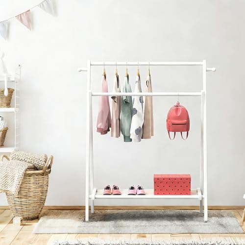 BAMBOOHOMIE Kids Clothing Rack, Small Clothes Rack for Toddler Pets, Kids Dress Up Rack with Storage Shelf & Double Rods, Foldable Kids Clothes Rack for Nursery Child's Room (Regular Size - White) - Image 6