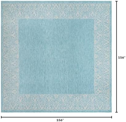 Unique Loom Outdoor Border Collection Area Rug - Floral Border (13' Square, Aqua/ Ivory) - Image 2
