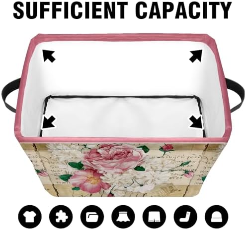 Vintage Rose Floral Foldable Baskets Storage Bins with Handles, Decorative Cloth Organizer Storage Boxes 2 sets - Image 5