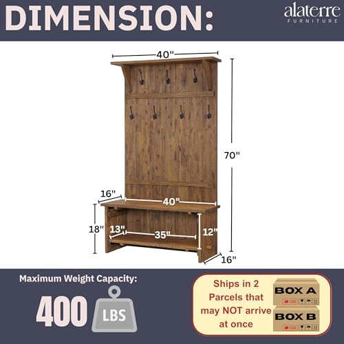 Alaterre Bethel Rustic Solid Wood Entryway Hall Tree with Bench, Natural - Image 3