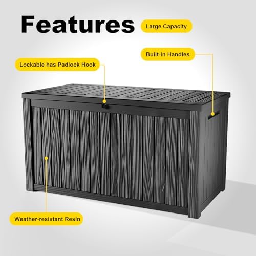 Outdoor Waterproof Resin Storage Deck Box Lockable Outside Bench UV Resistant Bin Patio Porch Furniture Pool Float Garden Tool Cushion (Black, 200 Gallon) - Image 5