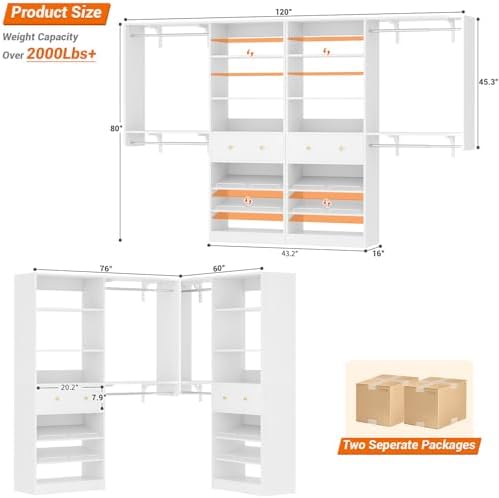 [10 FT Closet System] 120 Inch Reversible Set of 2 Wood Closet Organizer System with 2 Drawers, 4 Hanging Rods Adjustable Shelf, Walk In Closet Organizers with Shoe Rack, Garment Rack, White - Image 3