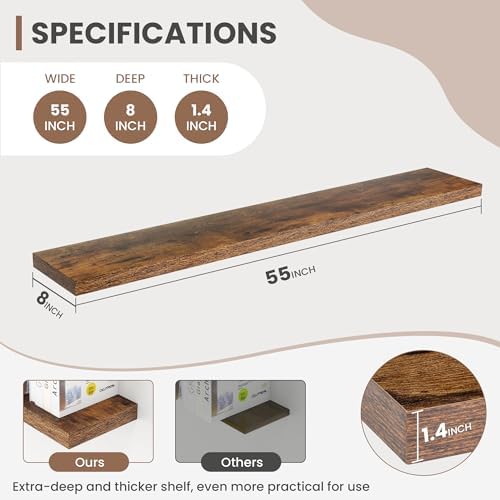 Acovy 55 Inch Floating Shelves, 8 Inch Deep Floating Shelves for Wall, Hanging Shelf with Invisible Brackets, Deep Shelves for Bathroom, Bedroom, Living Room, Brown, Set of 2 - Image 3