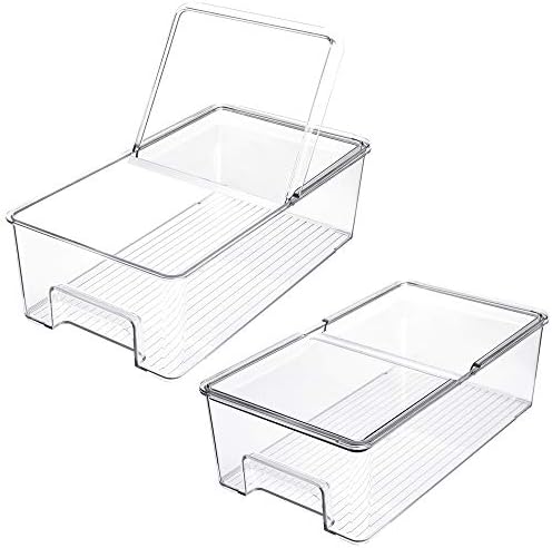 SANNO Vegetable Refrigerator Organizer Food Bins with lids Large Stackable Fridge Clear Organizers Kitchen Cabinet Organizer for Freezer, Kitchen, Countertops, Cabinets Pantry Storage Bins，set of 2 by SANNO