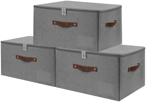 ANMINY Storage Box Fabric Bins with Zipper Lid, 17.7"x13.8"x10" Gray, 3PCS by ANMINY