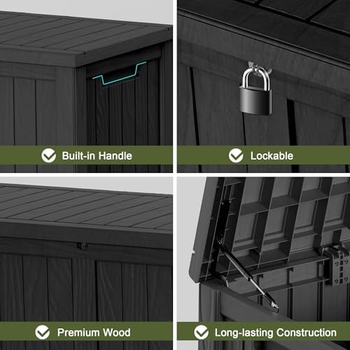 Outdoor Waterproof Resin Storage Deck Box Lockable Outside Bench UV Resistant Bin Patio Porch Furniture Pool Float Garden Tool Cushion (Black, 150 Gallon) - Image 4