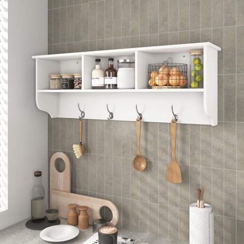 Wall Mounted Coat Rack with Shelf - Wall Hooks with Shelf, Entryway Hanging Shelf with 4 Dual Hooks for Clothes Hats Towel Purse Robes, Bathroom Mudroom Bedroom - 39"x8"x14" (White) - Image 7
