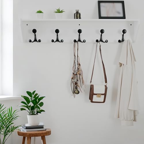 WEBI Wall Shelf with Hooks Underneath,35" Long Wall Mounted Coat Rack with Shelf,Entryway Coat Rack with 5 Triple Hooks for Hanging Coats,Jacket,Hallway,Bedroom,Mudroom,White - Image 2