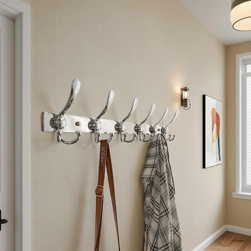 Dseap Coat Rack Wall Mount 24 Inch, Heavy Duty 12-Gauge Base vs Flimsy 1mm, Double-Thick Solid Anti-Snap Hooks, Stainless Steel 6-Hook Hanger for Clothes Hat Closet Entryway, Chromed, Pack of 2 - Image 4