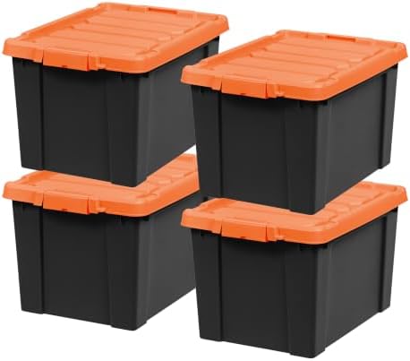 IRIS USA 20 Gallon Lockable Storage Bins with Lids, 4 Pack - Made in USA, Heavy Duty, Stackable Containers, Garage Organizing Bins Moving Tubs, Rugged Sturdy Equipment Utility Box - Black/Orange by IRISUSA