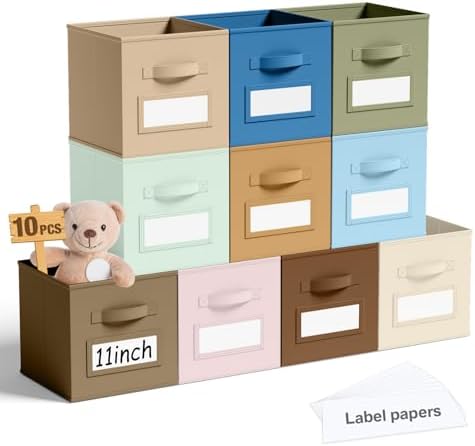 Teenyyou 10 Pack Fabric Storage Cubes 11 Inch Collapsible Cube Bins with Label Window & Handle Foldable Organizers Baskets for Shelf Closet Nursery Kids Room Clothes Book Toy(Boho) by Teenyyou