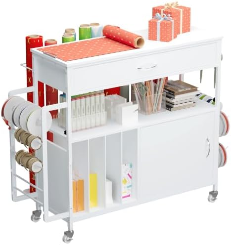 Height-Adjustable Gift Wrapping Station with Paper Clamp & Adhesive Measuring Tape,Rolling Wrapping Paper Cart with Ribbon & Gift Bag Storage, Craft Organizer Workstation (White) by Unknown