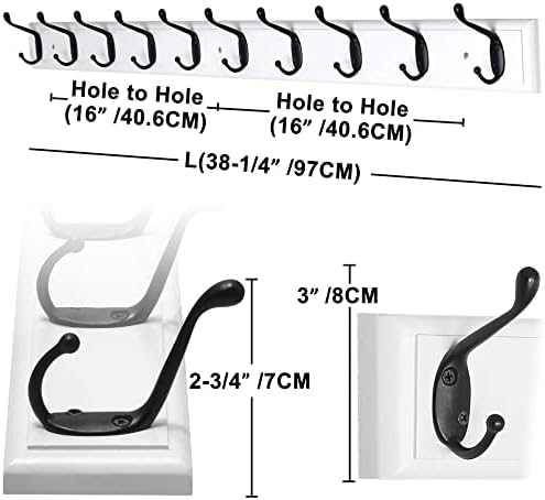 Dseap Coat Rack Wall Mounted: 10-Hooks, 16" Hole to Hole, 38-1/4" Long, Wood Coat Hooks Wall Mounted, Hook Rack, Hook Rail, Hooks for Hanging Coats, White & Black - Image 2