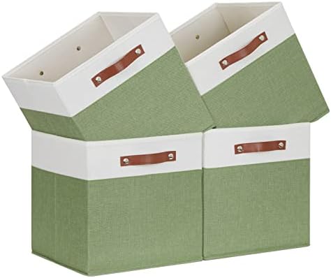 Temary 13 Inch Cube Storage Bin 4 Pack Fabric Storage Cubes Fabric Storage Bin for Shelf, Cube Storage Basket with Leather Handles(White&Green) by TEMARY