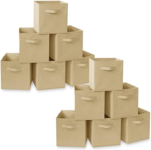 Casafield Set of 12 Collapsible Fabric Cube Storage Bins, Sandy Beige - 11" Foldable Cloth Baskets for Shelves, Cubby Organizers & More by Casafield