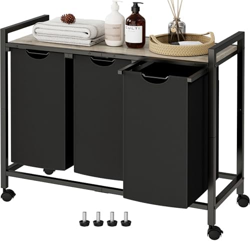 Laundry Hamper, Laundry Basket, Laundry Sorter with 2 Pull-Out and Removable Bags, Shelf, Laundry Room Storage with Table, for Bathroom, Bedroom, 3 x 10.5 Gal (40L), Greige by HOME