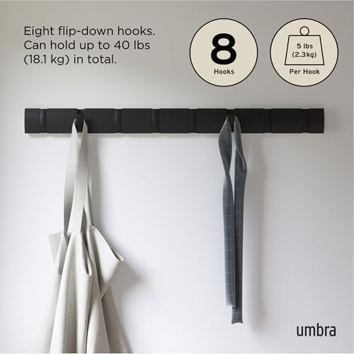 Umbra Flip Coat Rack, Wall Mount 8-Hook, Space Saving, Black - Image 5
