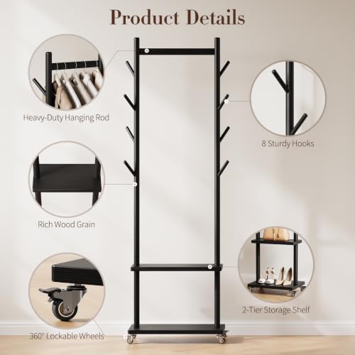 Yoobure Solid Wood Coat Rack Freestanding - Rolling Clothes Rack with 8 Hooks & Shelves, Small Clothing Rack with Wheels, Heavy Duty Clothing Racks for Hanging Clothes, Portable Hall Tree for Entryway - Image 5