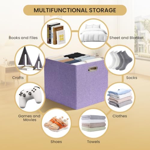 Posprica 3X Thicker Collapsible Storage Bins,13×15x13 Foldable Storage Cube Boxes Fabric Drawer for Closet Shelf Cabinet Bookcase, set of 4 (Purple) - Image 5