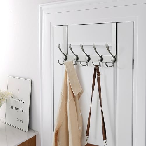 Dseap Over The Door Hook Hanger - Fits 1 3/8" to 1 3/4" Standard Doors | 5 Tri Hooks Heavy Duty Towel/Coat Rack | Door Organizer for Clothes, Jackets, Hats, Towels, Grey, Pack of 2 - Image 3