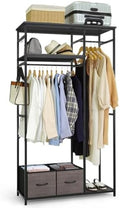 CAPHAUS 550lbs Capacity Garment Rack for Hanging Clothes, Heavy Duty Metal Open Wardrobe w/Hanging Rods & Drawers, Free Standing Closet Organizer, Metal Closet w/Wooden Boards, Black Vintage Board by CAPHAUS