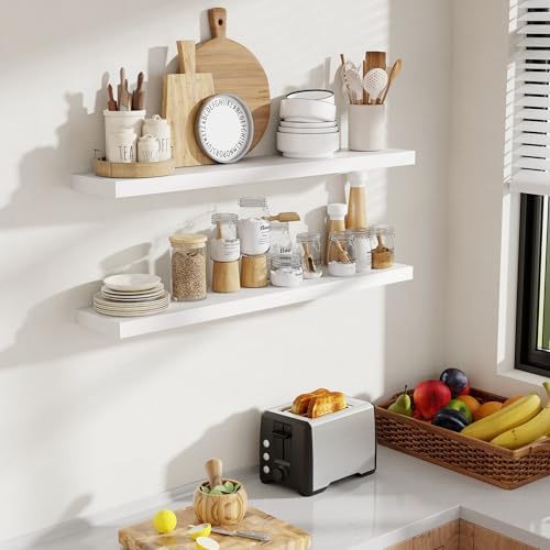 Acovy 40 Inch Floating Shelves, 8 Inch Deep Floating Shelves for Wall, Hanging Shelf with Invisible Brackets, Deep Shelves for Bathroom, Bedroom, Living Room, White, Set of 2 - Image 2
