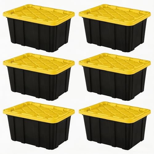 6-Pack 27 Gallon Storage Totes with Lids, Stackable Black & Yellow Bins by Unknown