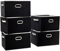 PRANDOM Larger Collapsible Storage Bins for Closet [5-pack] Decorative Linen Fabric Storage Baskets Cubes with Leather/Metal Handles for Living Room Black (17.3x12.2x10.4 Inch) by Prandom